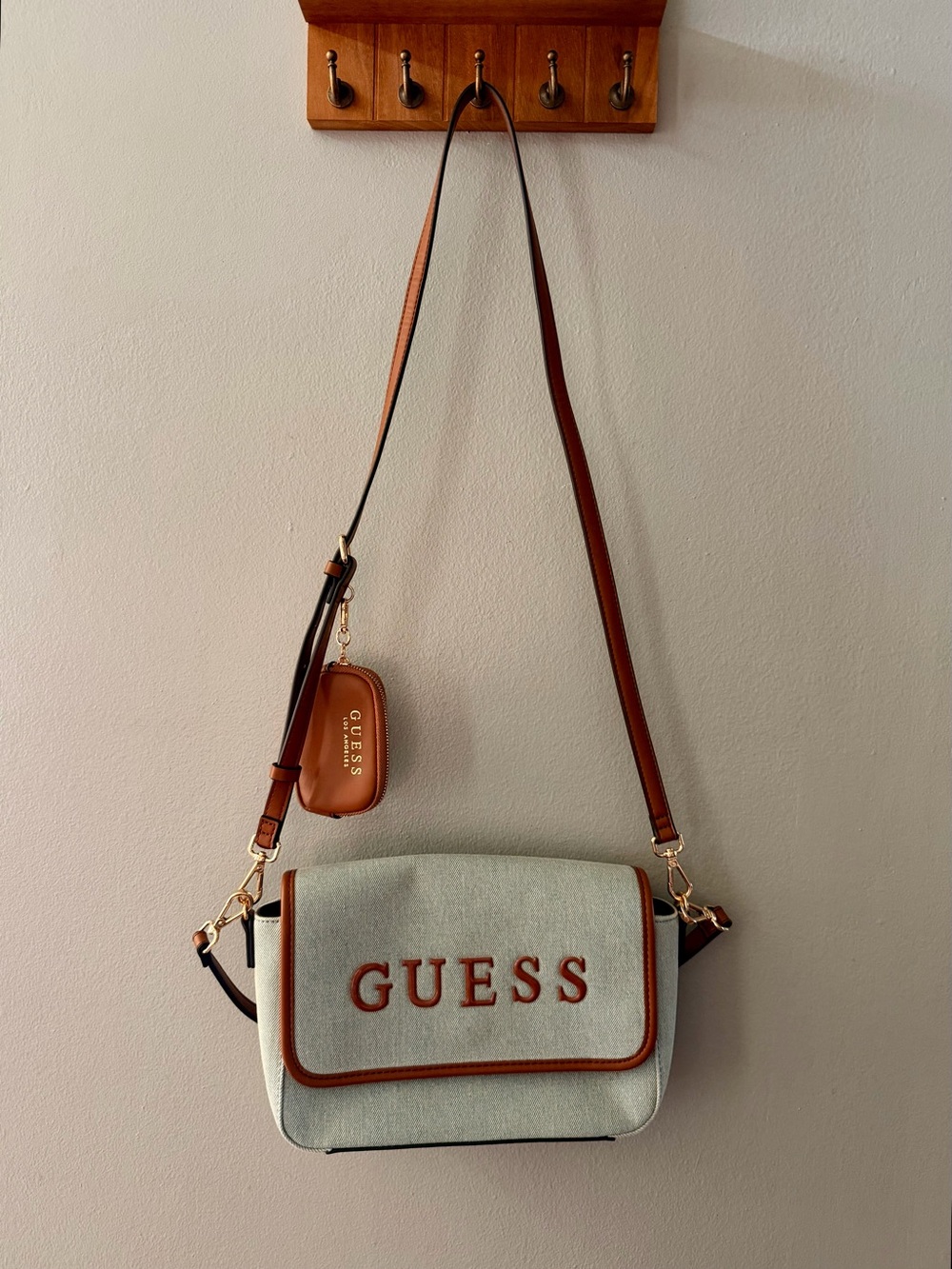 GUESS Brown-Trim Denim Canvas Crossbody Bag